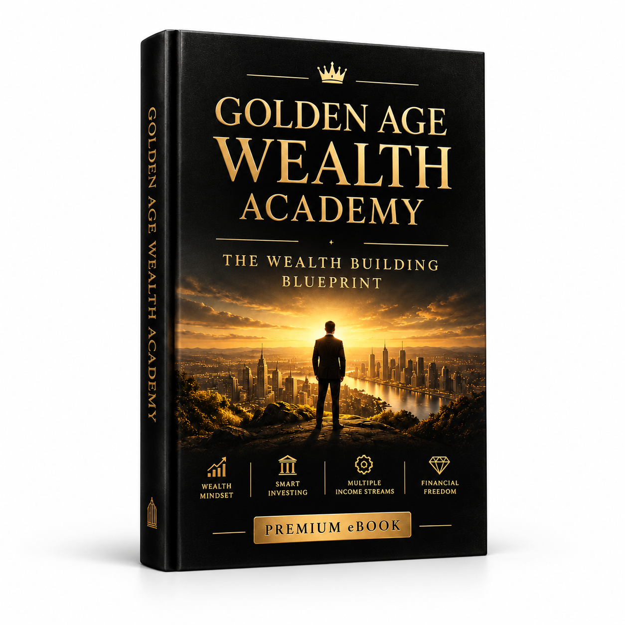 Golden Age Wealth Academy: The Wealth Building Blueprint black-and-gold book cover mockup